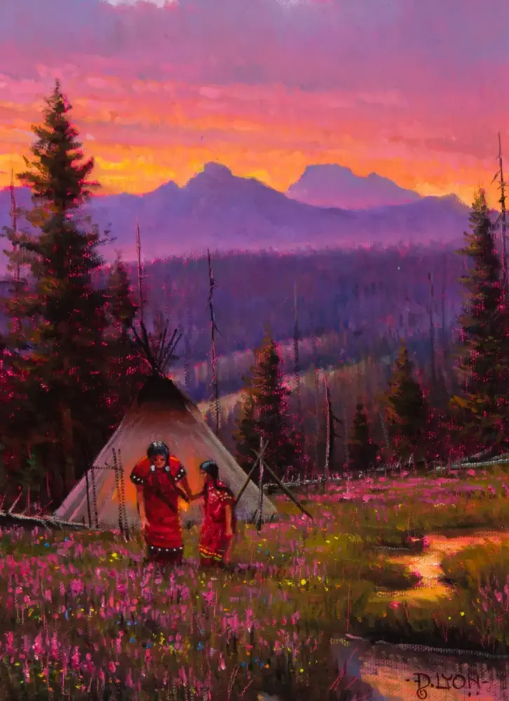 Painted sunset scene over purple mountains with evergreen trees; a tent sits in a meadow as two people in red gear stand nearby, pink flowers in foreground