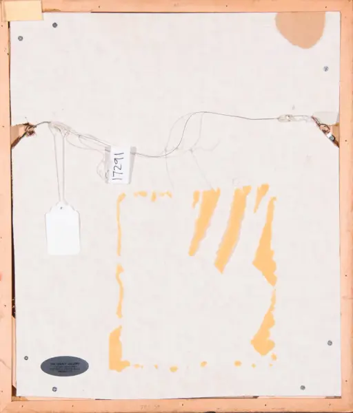 Back of a framed artwork: hanging wire, a white tag, and orange paint drips on the backing board.