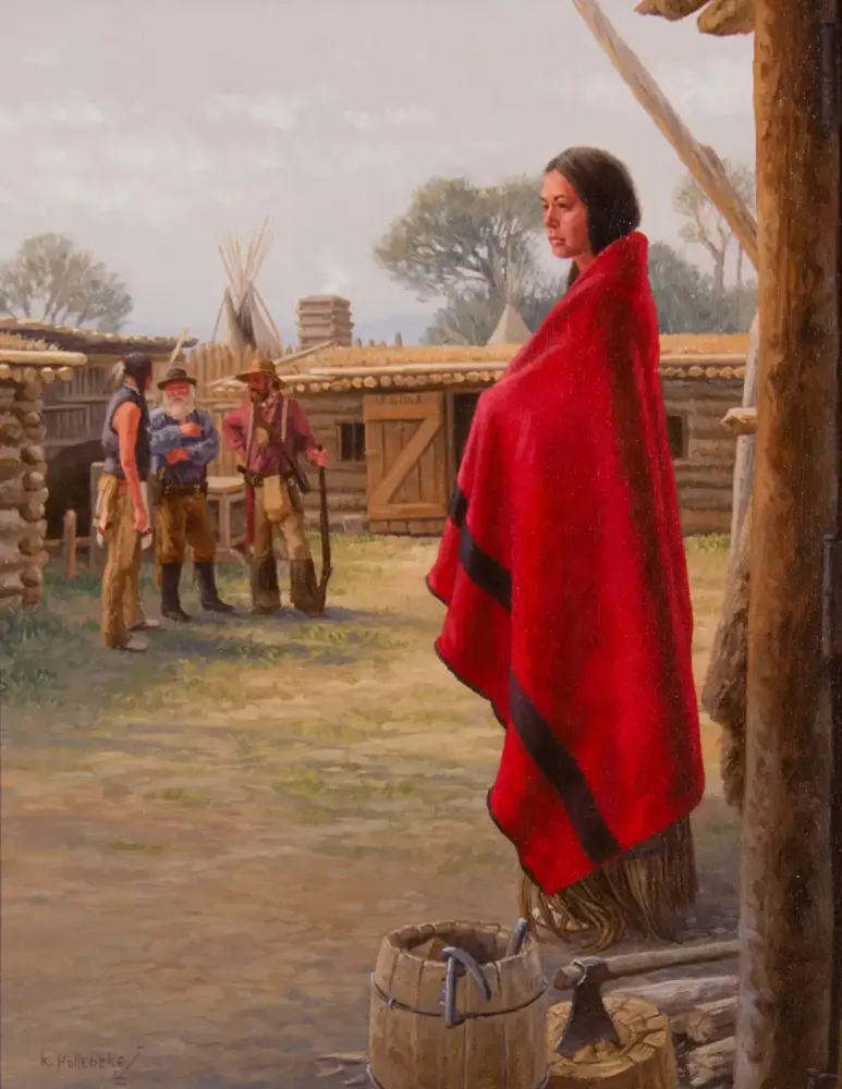 Woman in a bright red shawl stands at a wooden frontier cabin, watching three men in period clothing interact in the background.