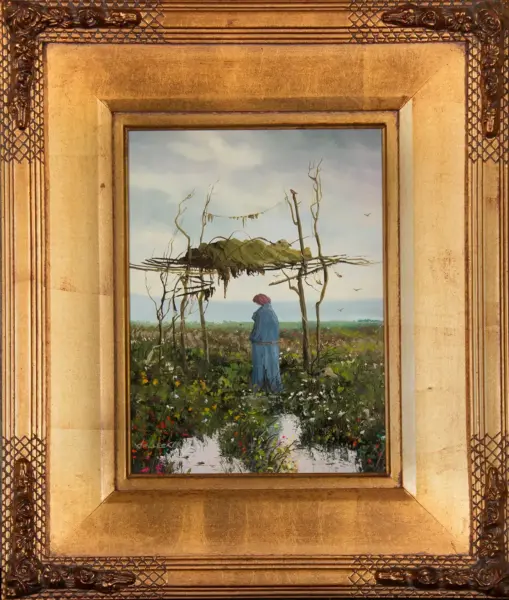 Framed painting of a woman in blue with a red hat standing in a flowering field beneath a shelter of bare branches.