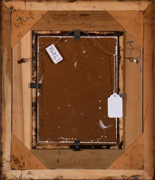 Back of a framed painting showing a brown cardboard backing, hanging wire, and white tag attached to the wire
