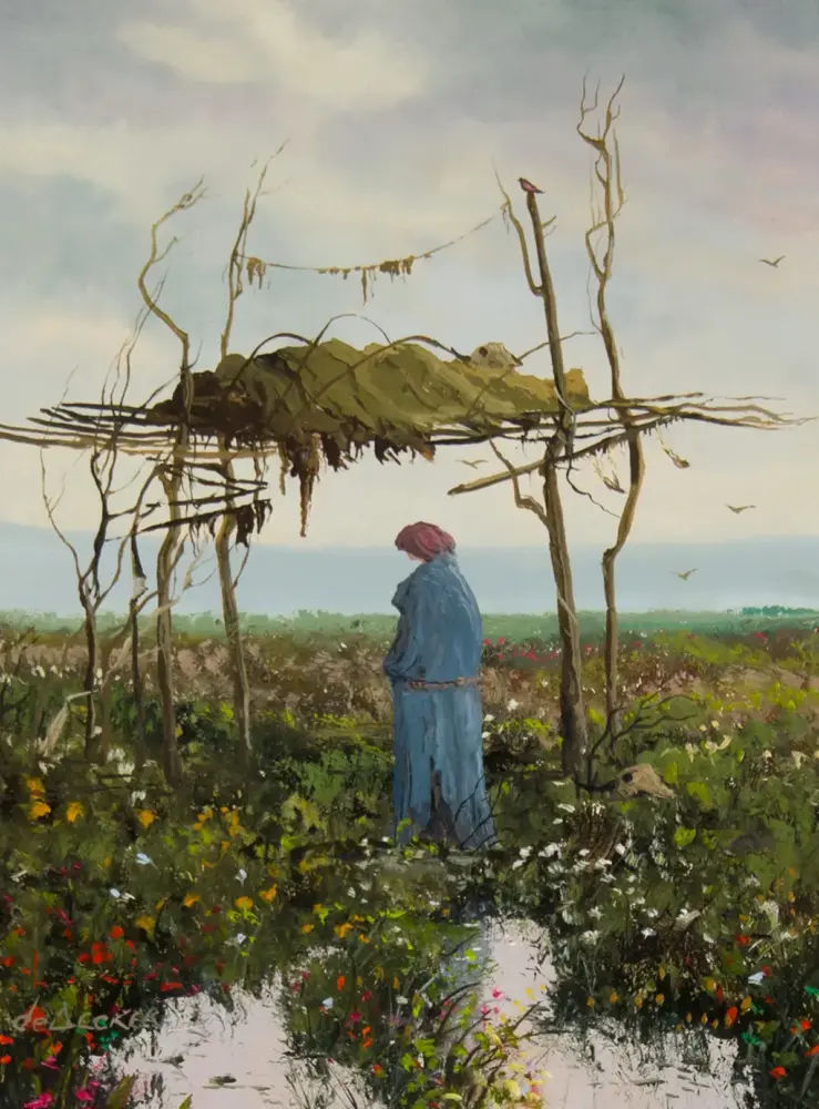 A person in a blue dress and pink hat stands under a bare vine arbor in a field of wildflowers near a coastline, calm sky above.