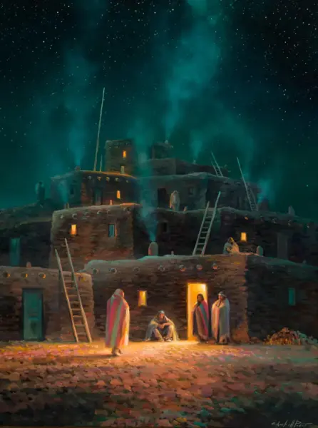 Starry night over a stacked adobe village; warm-lit doors, ladders leaning against walls, people wrapped in blankets outside.