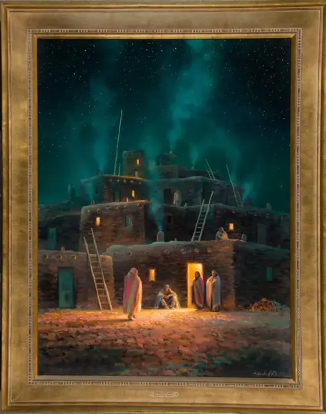 Nighttime nativity scene in a Pueblo-style adobe village, with a glowing doorway and people gathered around a baby. A starry sky looms overhead.