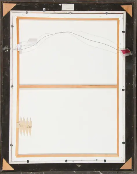 Back of a stretched canvas in a wooden frame, showing hanging wire, labels, and orange corner braces at the corners.