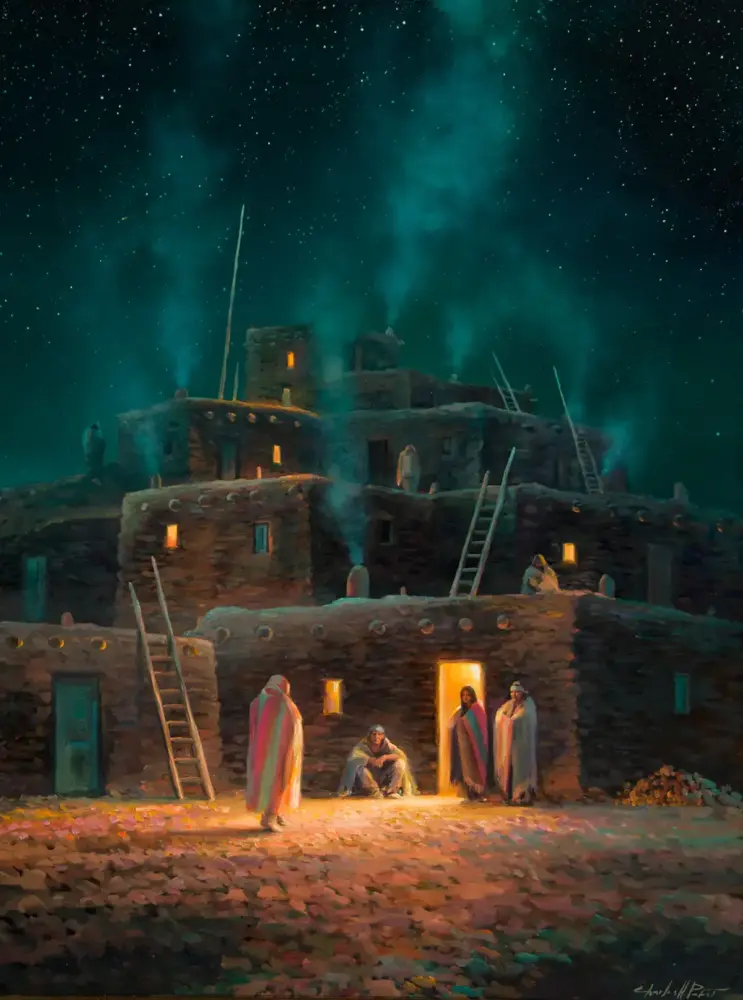Starry night over a stacked adobe village; warm-lit doors, ladders leaning against walls, people wrapped in blankets outside.