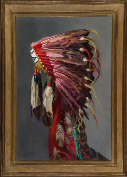 Framed painting of a colorful Native American war bonnet with layered feathers on a gray background.