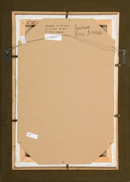 Back of a framed painting with a beige backing board and hanging wire across the top, showing hardware and wooden frame details.