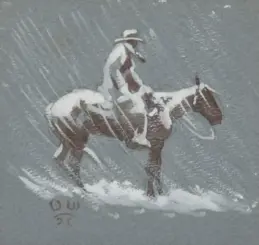 Man wearing a hat rides a snow-covered horse through a snowy landscape in winter.