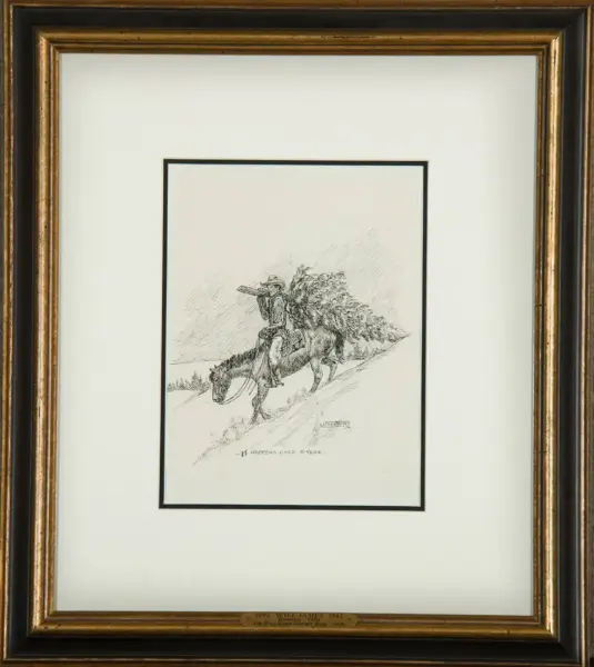 Framed black-and-white sketch of a man on a horse with a log load descending a hillside; caption reads, 'It happens once a year'.