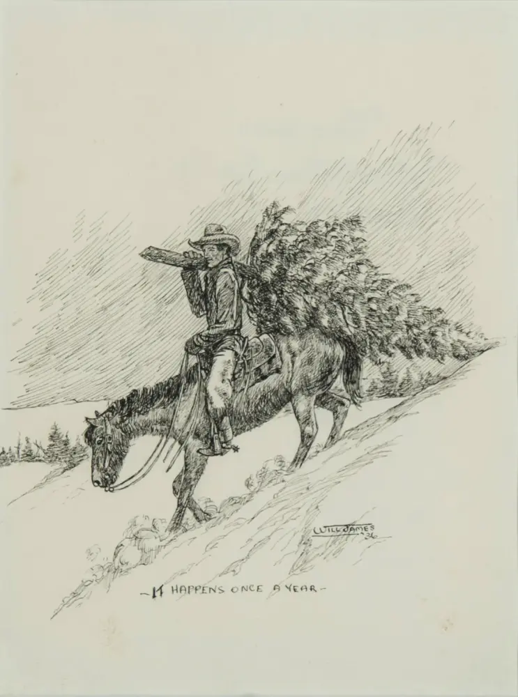 Sketch of a cowboy in a hat riding a horse up a snowy hillside, rifle slung on his back; caption reads 'It happens once a year.'