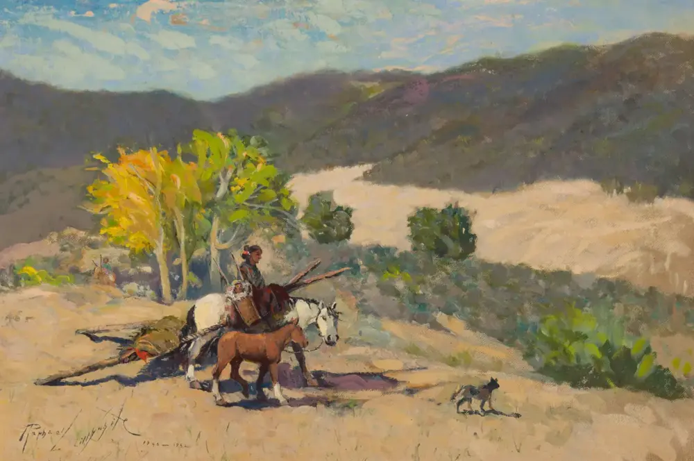 Two riders on horseback accompanied by a dog traverse a sunlit sandy trail, with green trees and distant hills under a blue sky (impressionist landscape).