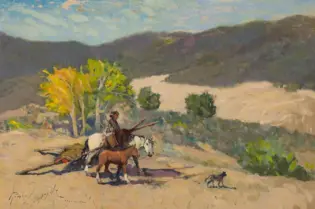 Two riders on horseback accompanied by a dog traverse a sunlit sandy trail, with green trees and distant hills under a blue sky (impressionist landscape).