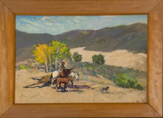 Oil painting of riders on horses moving through a hilly landscape with trees, set in a wooden frame.