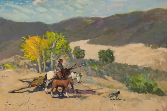Two riders on horseback accompanied by a dog traverse a sunlit sandy trail, with green trees and distant hills under a blue sky (impressionist landscape).