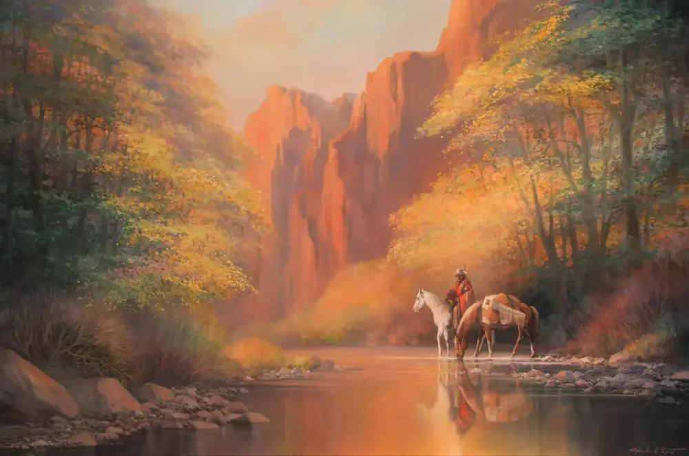 Autumn landscape painting of a canyon with orange cliffs, colorful trees, and a rider on a white horse by a calm river.