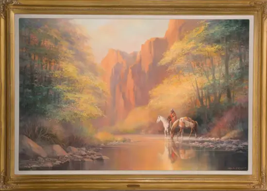 Autumn woodland by a river with red cliffs; a rider on a white horse and packhorses by the water edge.