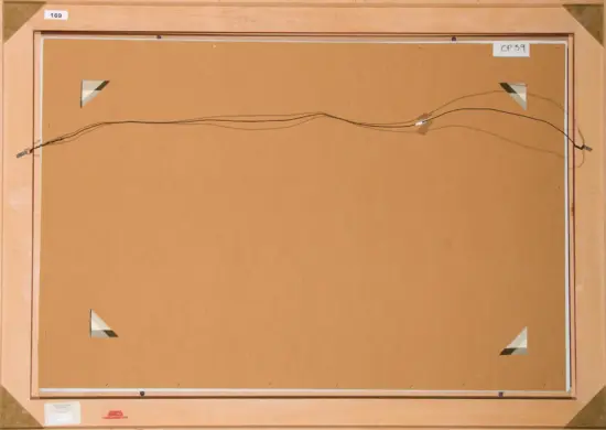 Back of a framed artwork showing a twisted hanging wire across the frame, with corner brackets and labels for mounting