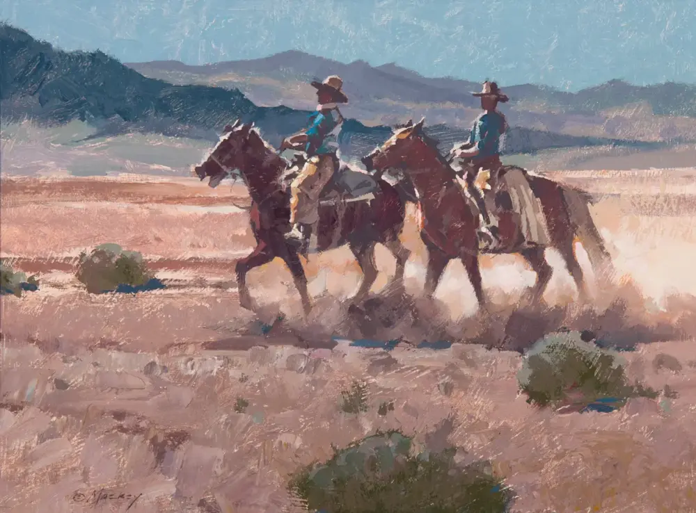 Impressionist painting of three riders on horseback trotting across a desert landscape with distant mountains under a blue sky