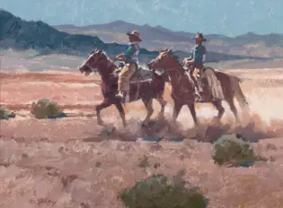 Impressionist painting of three riders on horseback trotting across a desert landscape with distant mountains under a blue sky