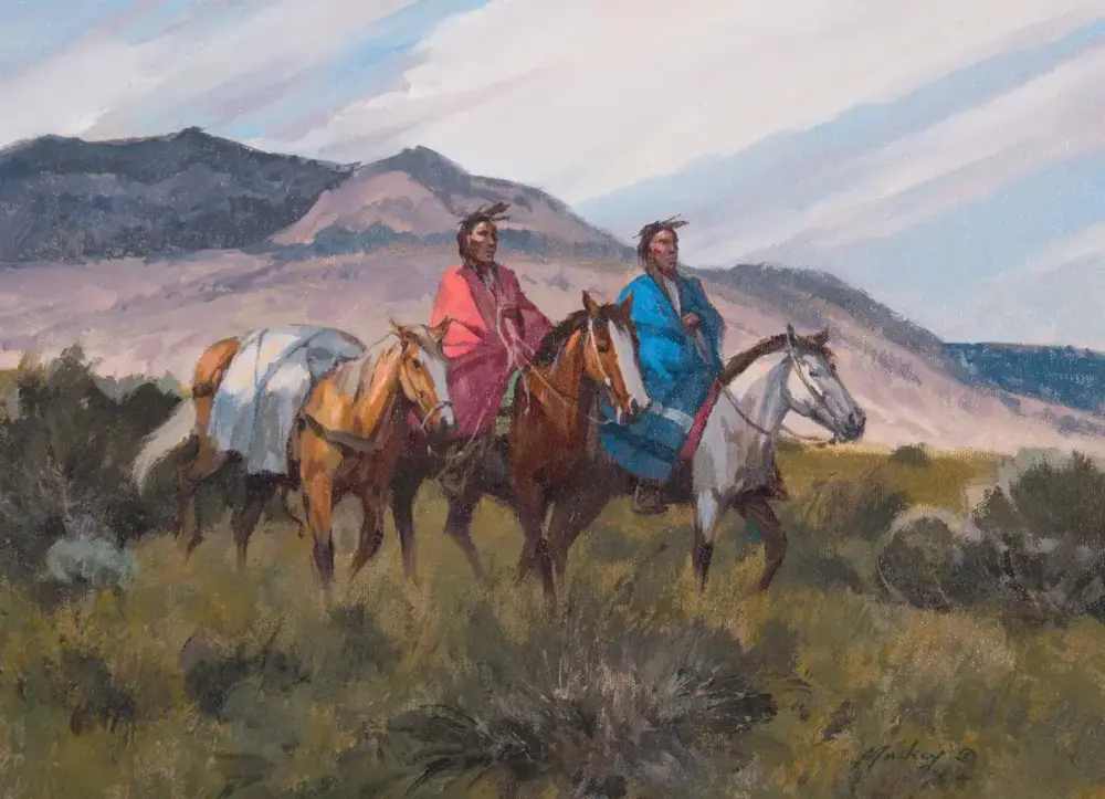 Two riders on horseback traverse a desert plain, wearing bright pink and blue robes with mountains in the background (an impressionistic painting).
