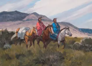 Two riders on horseback traverse a desert plain, wearing bright pink and blue robes with mountains in the background (an impressionistic painting).
