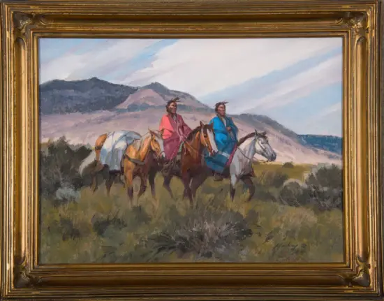 Two riders on horseback cross a grassland with distant mountains, wearing red and blue cloaks beneath a pale sky framed by a gold ornate border.