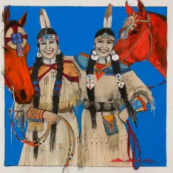 Two Indigenous women in ceremonial dress with braided hair and feather headdresses, standing beside two red horses against a blue background, smiling.