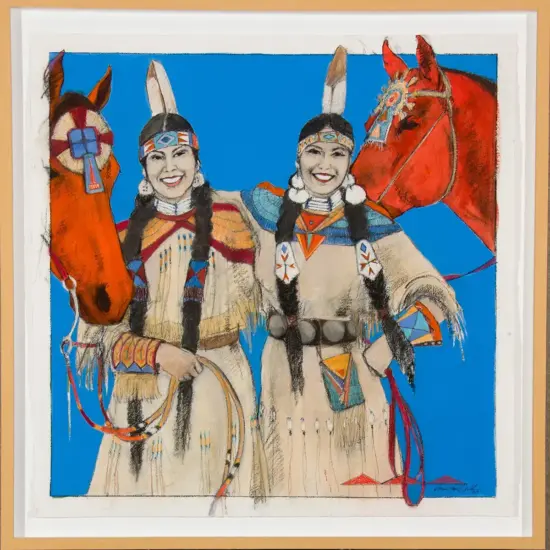 Two smiling Native American women in traditional dress with braids and feathered headbands, posing with two horses against a bright blue background.