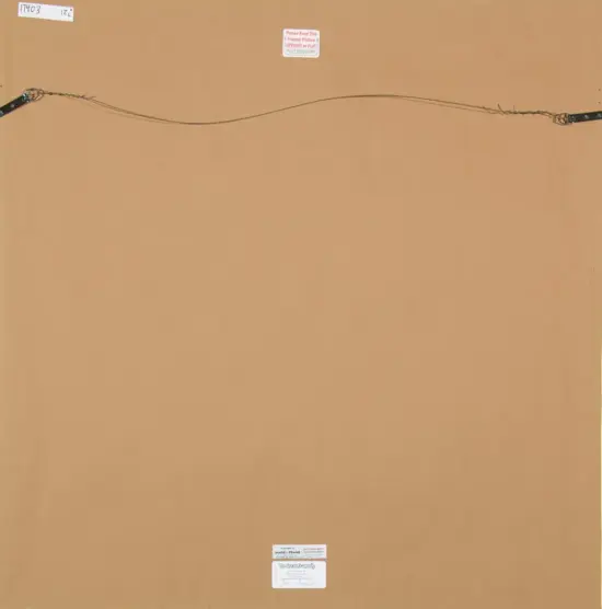 Back of a framed painting: tan backing with a hanging wire across the top, attached at both ends, plus small white labels/stickers near the top center and bottom center.
