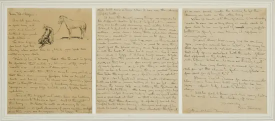 Three-panel framed page with cursive handwritten letters and a horse sketch in the center panel.