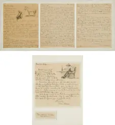 Three-column page of old handwritten letters with a sketch of a man and a horse on the left panel.