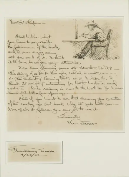 A vintage handwritten page with a sketch of a man at a desk by candlelight, writing in cursive ink-drawn notes and a signature at the bottom edge.