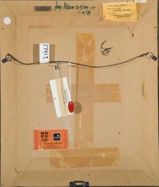 Back of a framed artwork: a taut hanging wire across the center, multiple labels and stickers (including an orange exhibition label) and a metal hanger at the bottom.