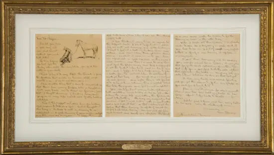 Framed display of three sepia handwritten letters, with a small sketch of a man and horse in the left panel, mounted on light matting in a gold ornate frame.