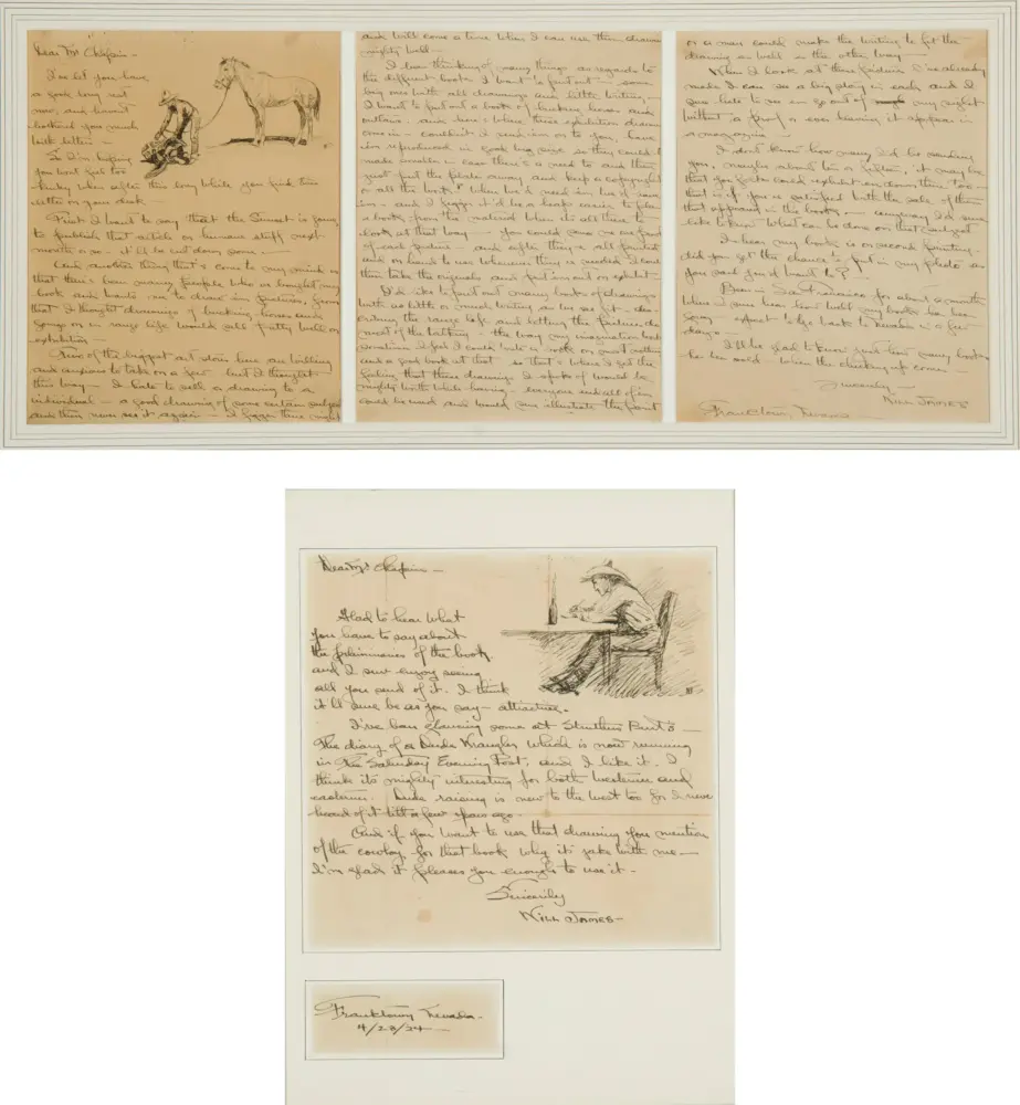 Three-column page of old handwritten letters with a sketch of a man and a horse on the left panel.