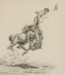 A man in western attire is tossed from a galloping horse as a rope laces behind him and a hat flies through the air over choppy waves.