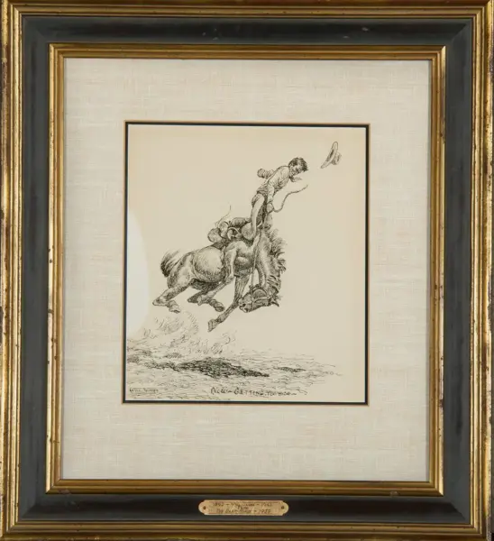 Black-and-white sketch of a cowboy on a bucking horse, hat flying as he struggles to stay mounted.