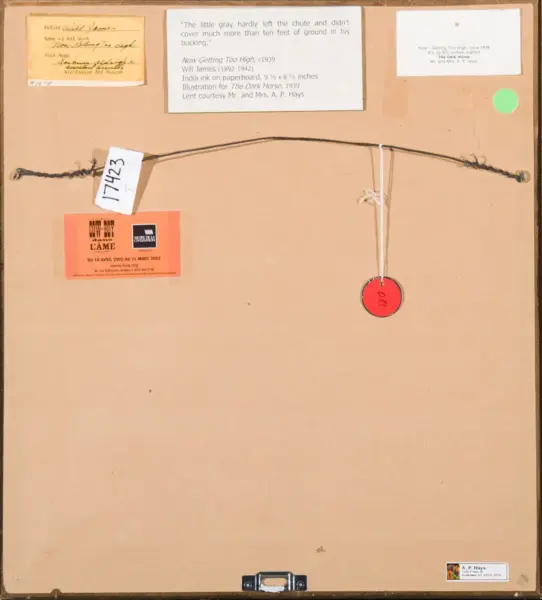 Back of framed artwork with hanging wire, red circular tag, and multiple labels at top (orange exhibition card and white note).