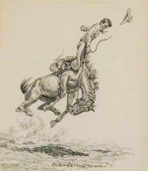 A man in western attire is tossed from a galloping horse as a rope laces behind him and a hat flies through the air over choppy waves.