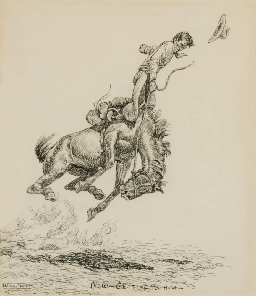 A man in western attire is tossed from a galloping horse as a rope laces behind him and a hat flies through the air over choppy waves.