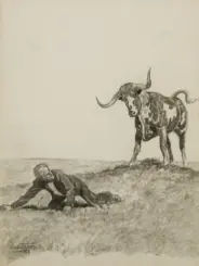 Sketch of a man lying on the ground as a large horned bison approaches from the right, in a sparse landscape.