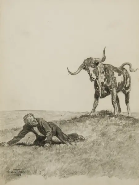 Sketch of a man lying on the ground as a large horned bison approaches from the right, in a sparse landscape.