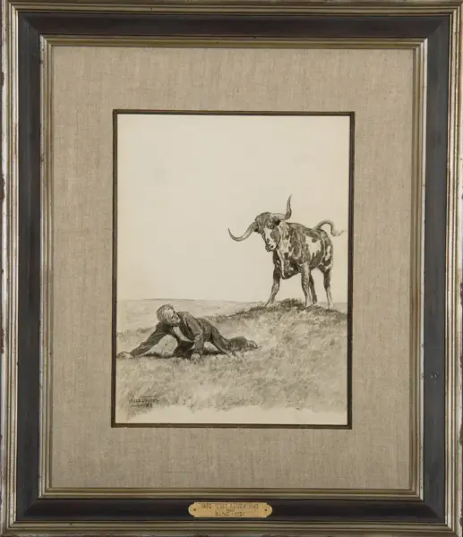Framed black-and-white sketch of a longhorn bull standing over a man lying on a grassy field, both in a simple landscape.