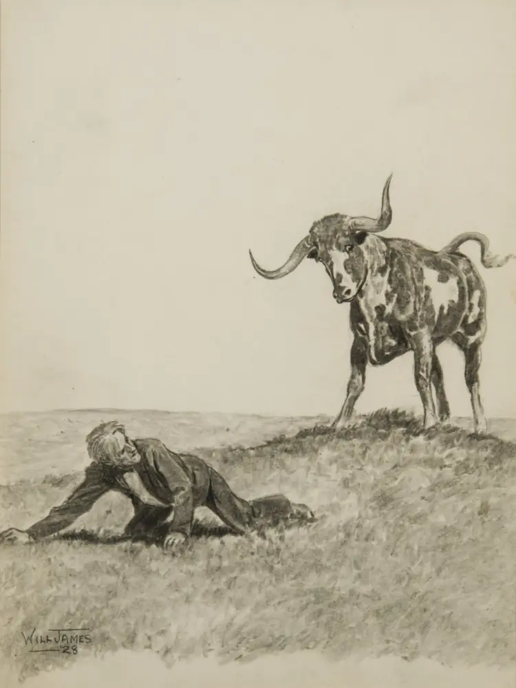 Sketch of a man lying on the ground as a large horned bison approaches from the right, in a sparse landscape.