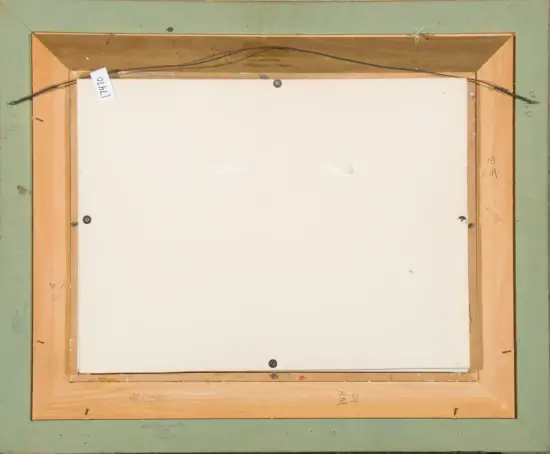 Back of a stretched canvas in a wooden frame: green outer frame, orange inner trim, a hanging wire across the top, screws and labels visible.