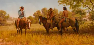 Four Indigenous men on horses in a sunlit autumn field, chatting as trees glow in the background."