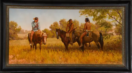 Oil painting of three Indigenous men on horseback in a sunlit grassy field with autumn trees in the background.
