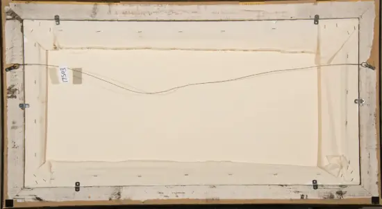 Back of a framed canvas with a hanging wire and metal clamps, showing the wooden frame and mounting hardware beneath the surface.