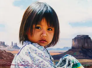 Young child with a short dark haircut in a floral shirt, gazing over an arid landscape with rock formations in the distance (painting style).